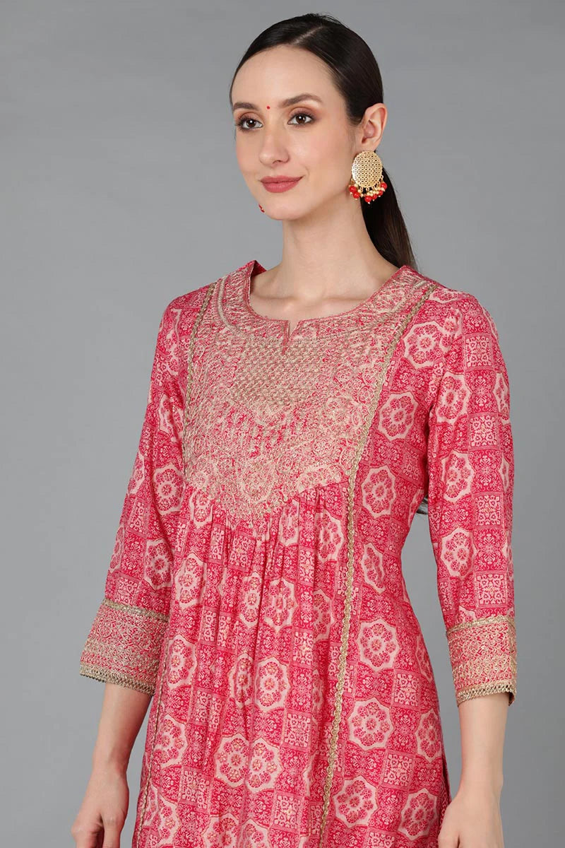 Pink Kurta Pant With Dupatta Set – Silk Blend with Yoke Design