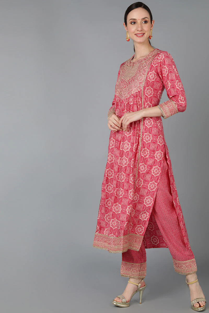 Pink Kurta Pant With Dupatta Set – Silk Blend with Yoke Design