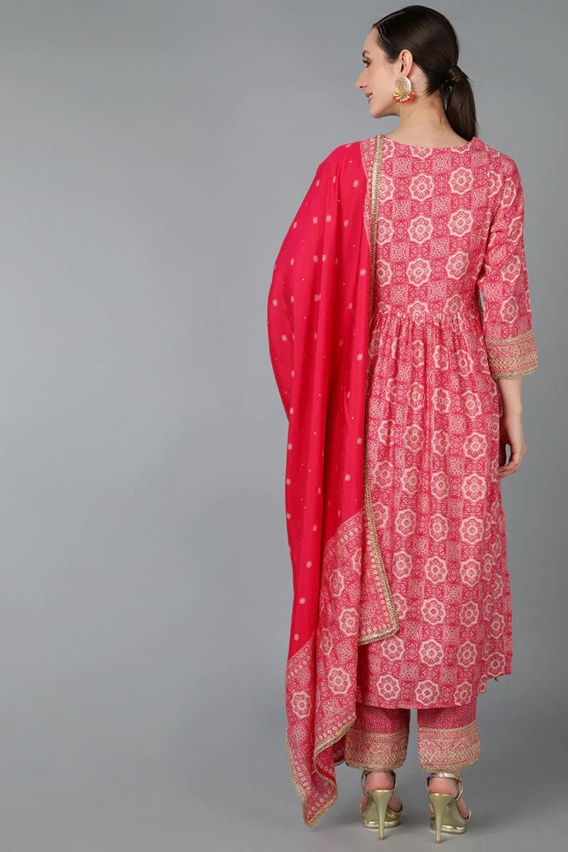 Pink Kurta Pant With Dupatta Set – Silk Blend with Yoke Design