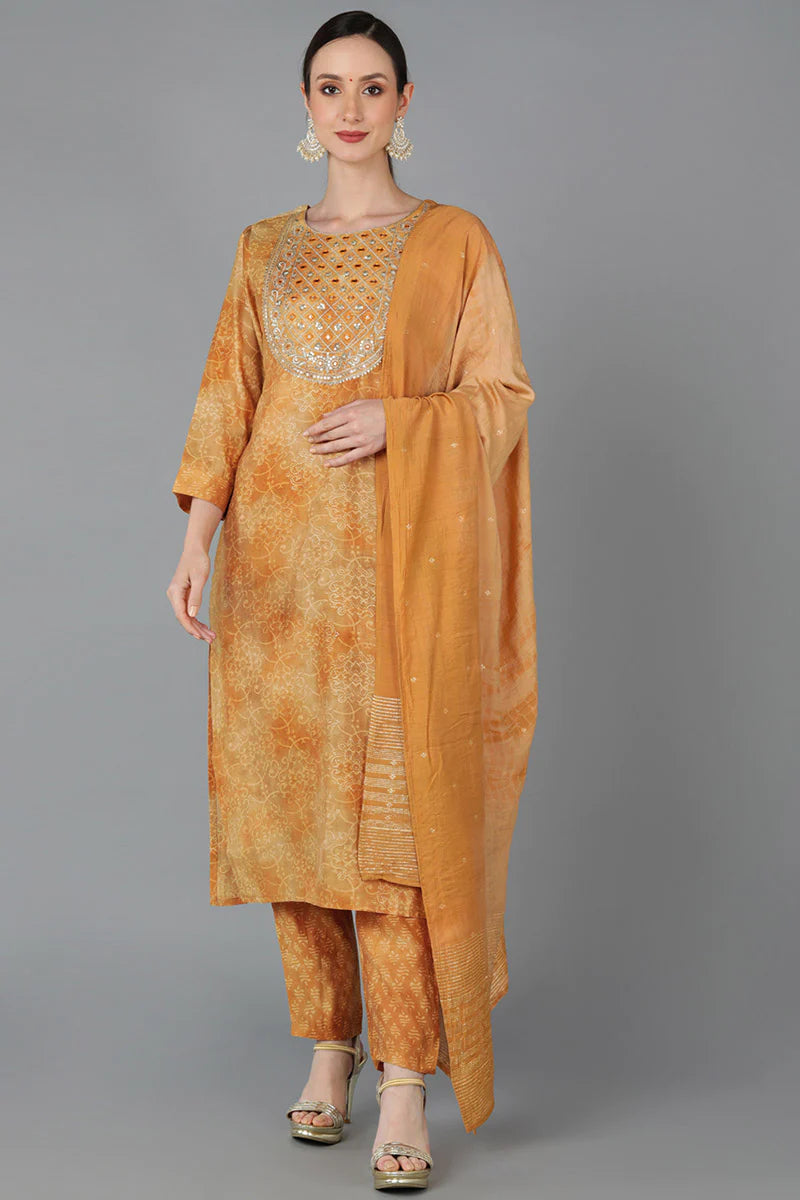 Mustard Silk Blend Yoke Design Kurta, Pant, Dupatta Set