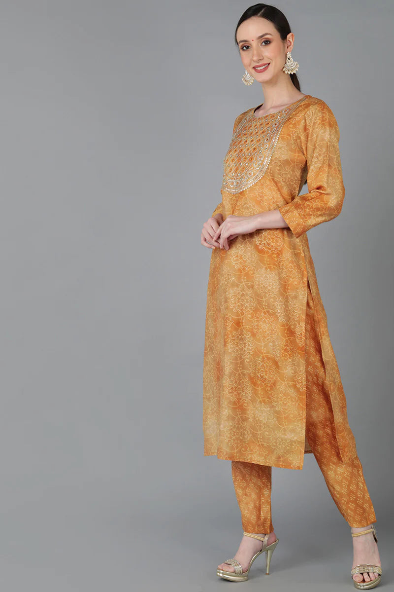 Mustard Silk Blend Yoke Design Kurta, Pant, Dupatta Set