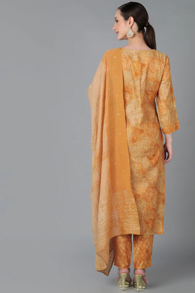 Mustard Silk Blend Yoke Design Kurta, Pant, Dupatta Set