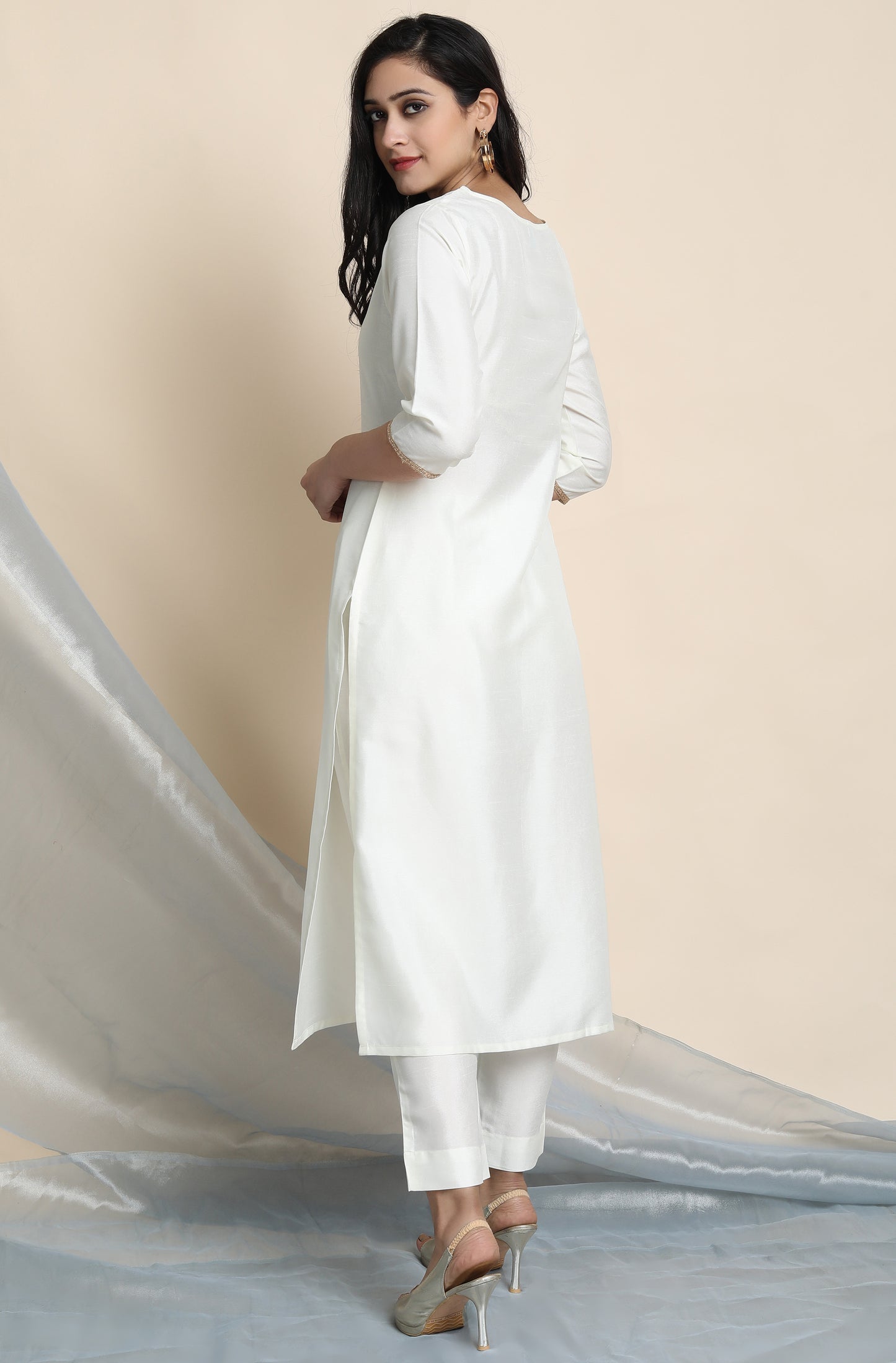 Elegant Off-White Poly Silk Kurta Set: Kurta, Pant, and Dupatta