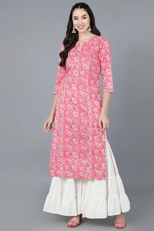 Pink Printed Cotton Blend Kurta