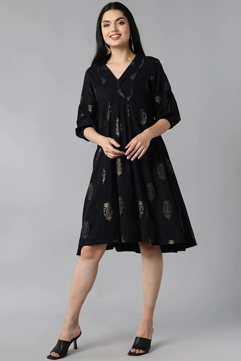 Black Cotton Flared Dress