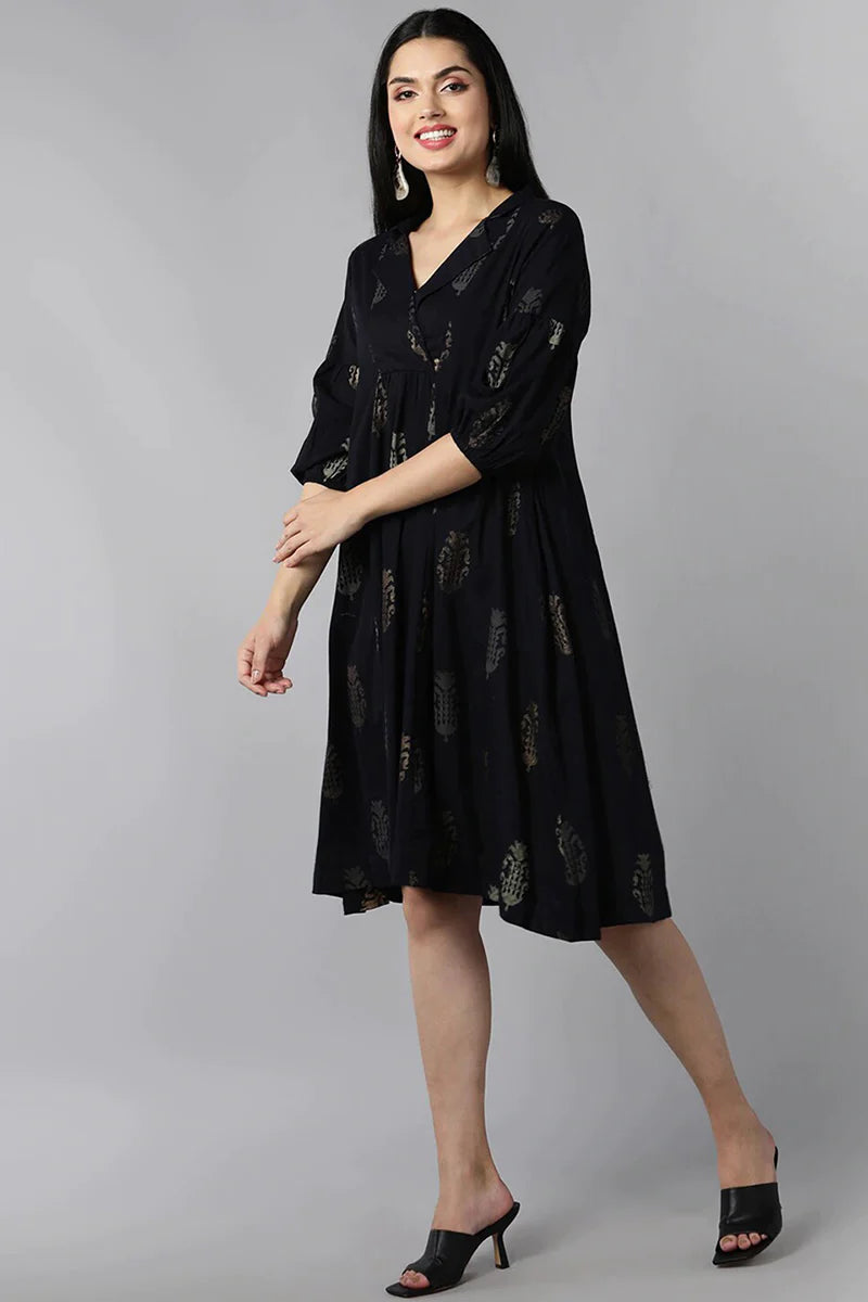 Black Cotton Flared Dress