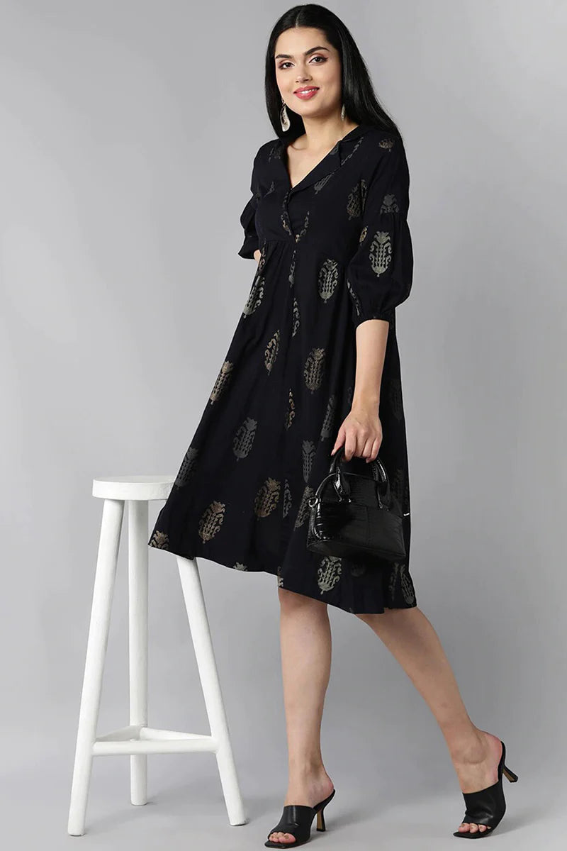 Black Cotton Flared Dress