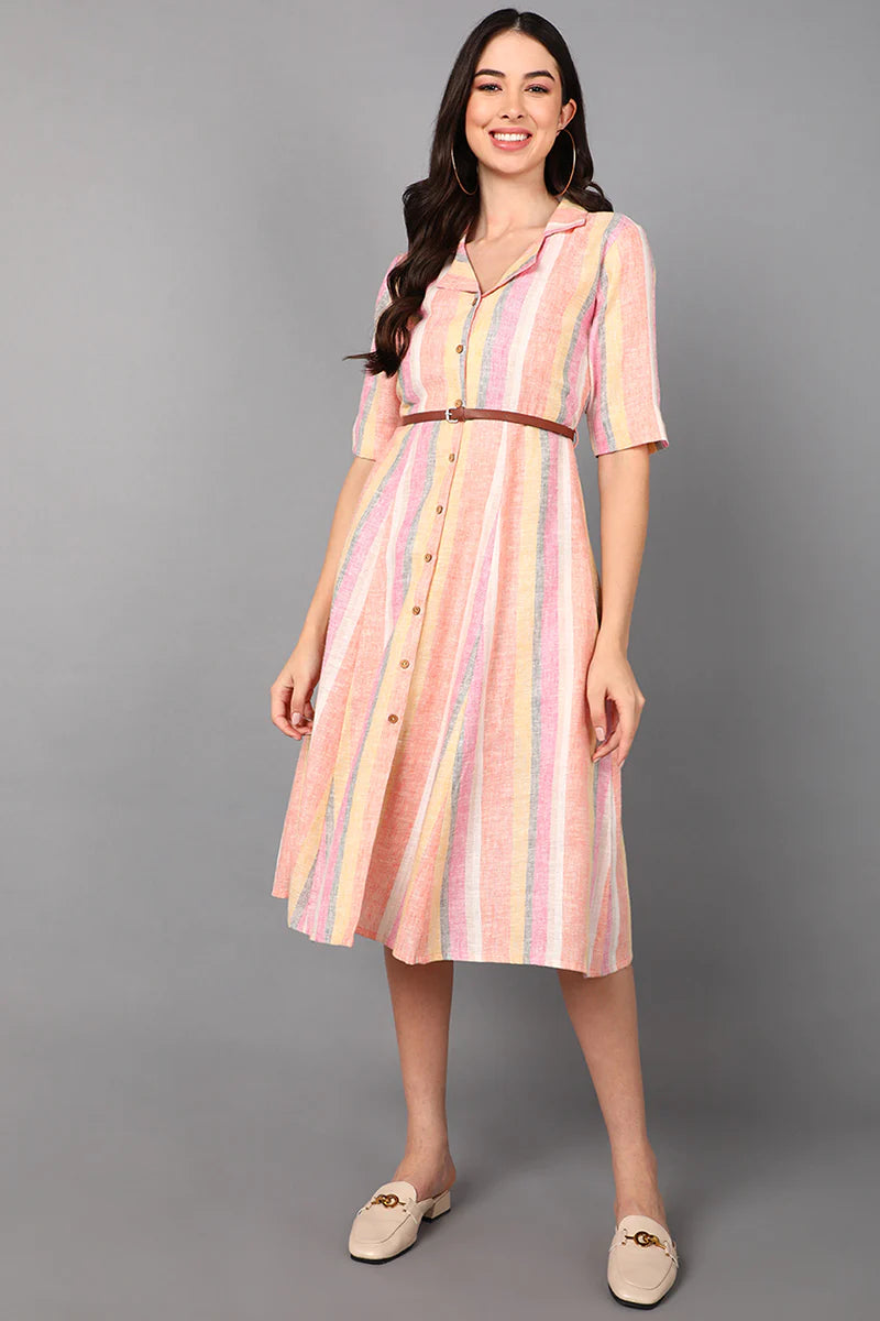 Multicolor Cotton Striped Midi Dress with Belt