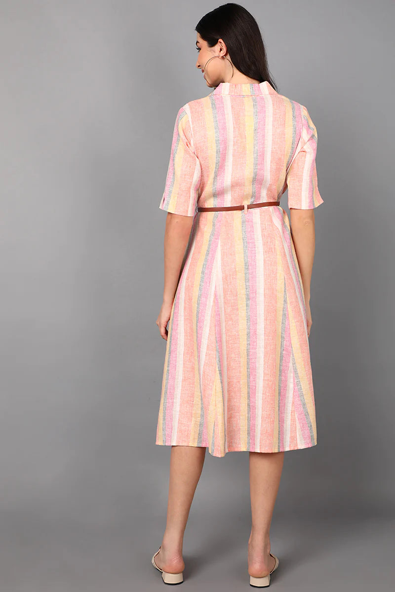 Multicolor Cotton Striped Midi Dress with Belt