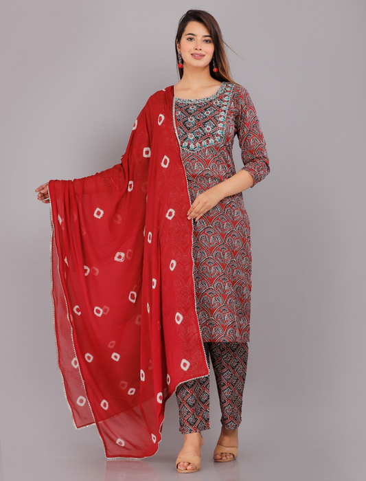 Red Cotton Kurta, Pant Set with Chiffon Dupatta