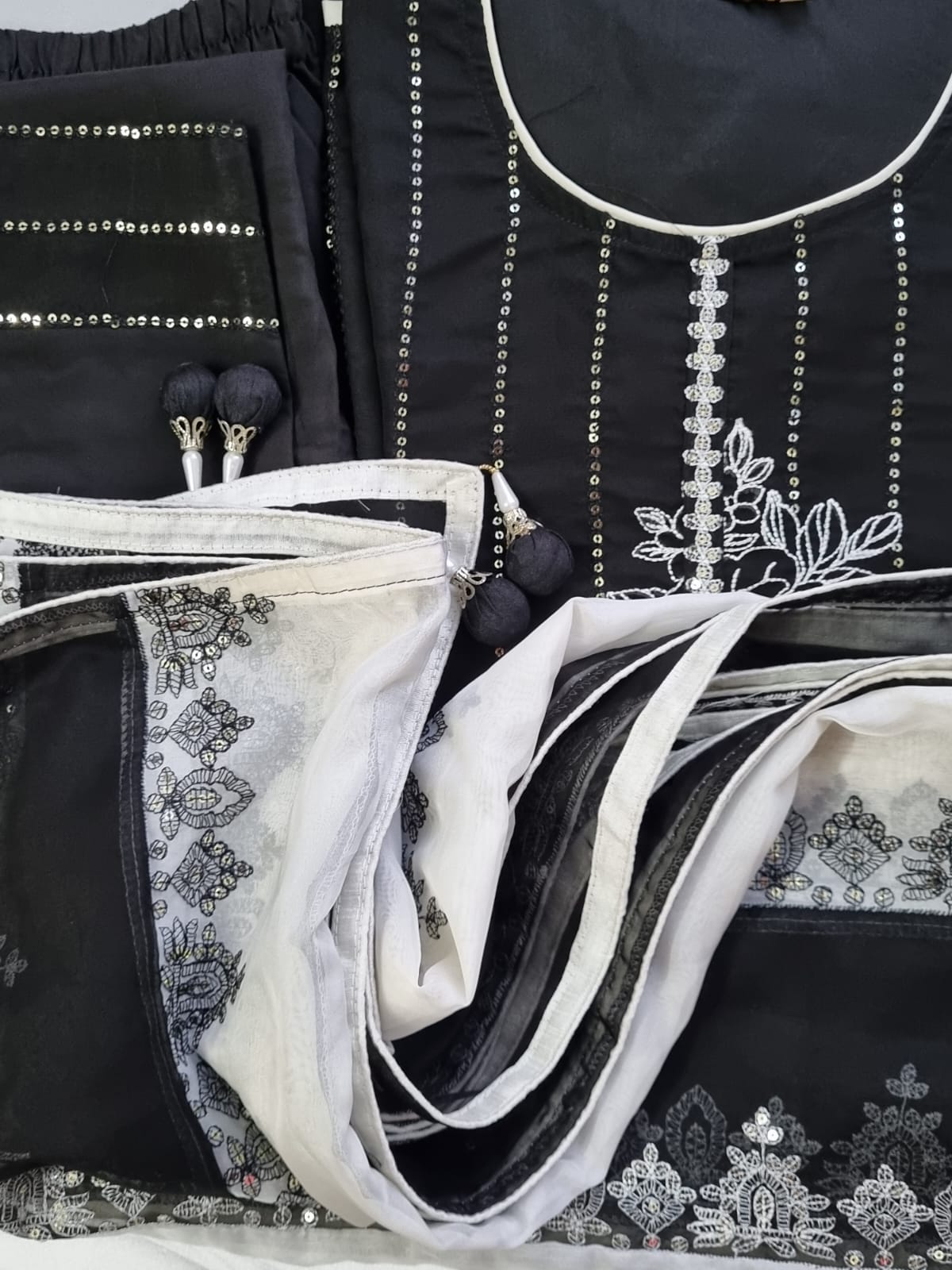 Black Embroidered Heavy Organza Kurta, Pant & Dupatta Set