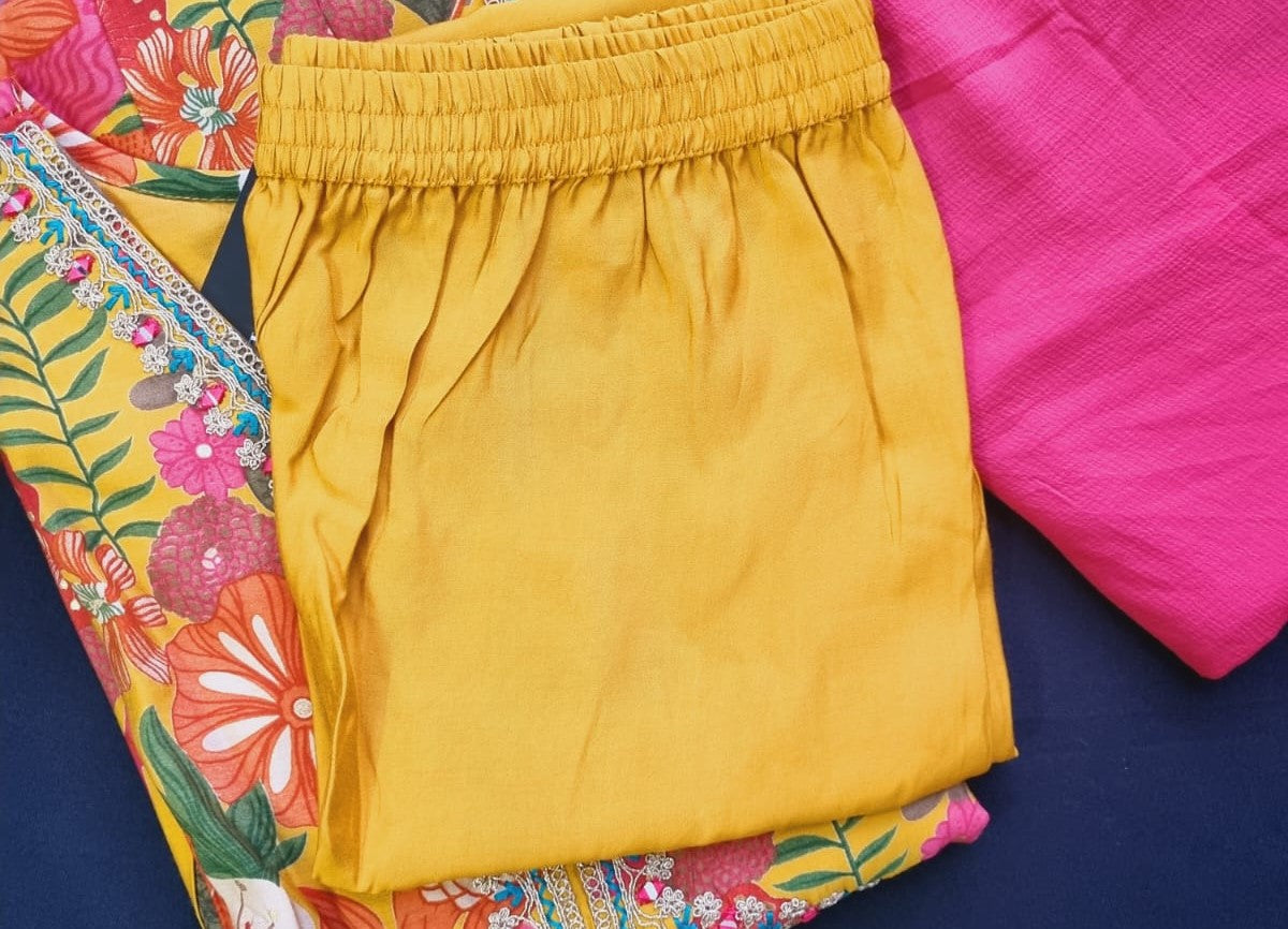 V-Neck Alia Cut Modal Silk, Embroidered Kurti Pant & Dupatta Set in Yellow color