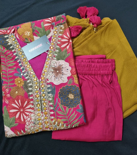 V-Neck Alia Cut Modal Silk, Embroidered Kurti Pant & Dupatta Set