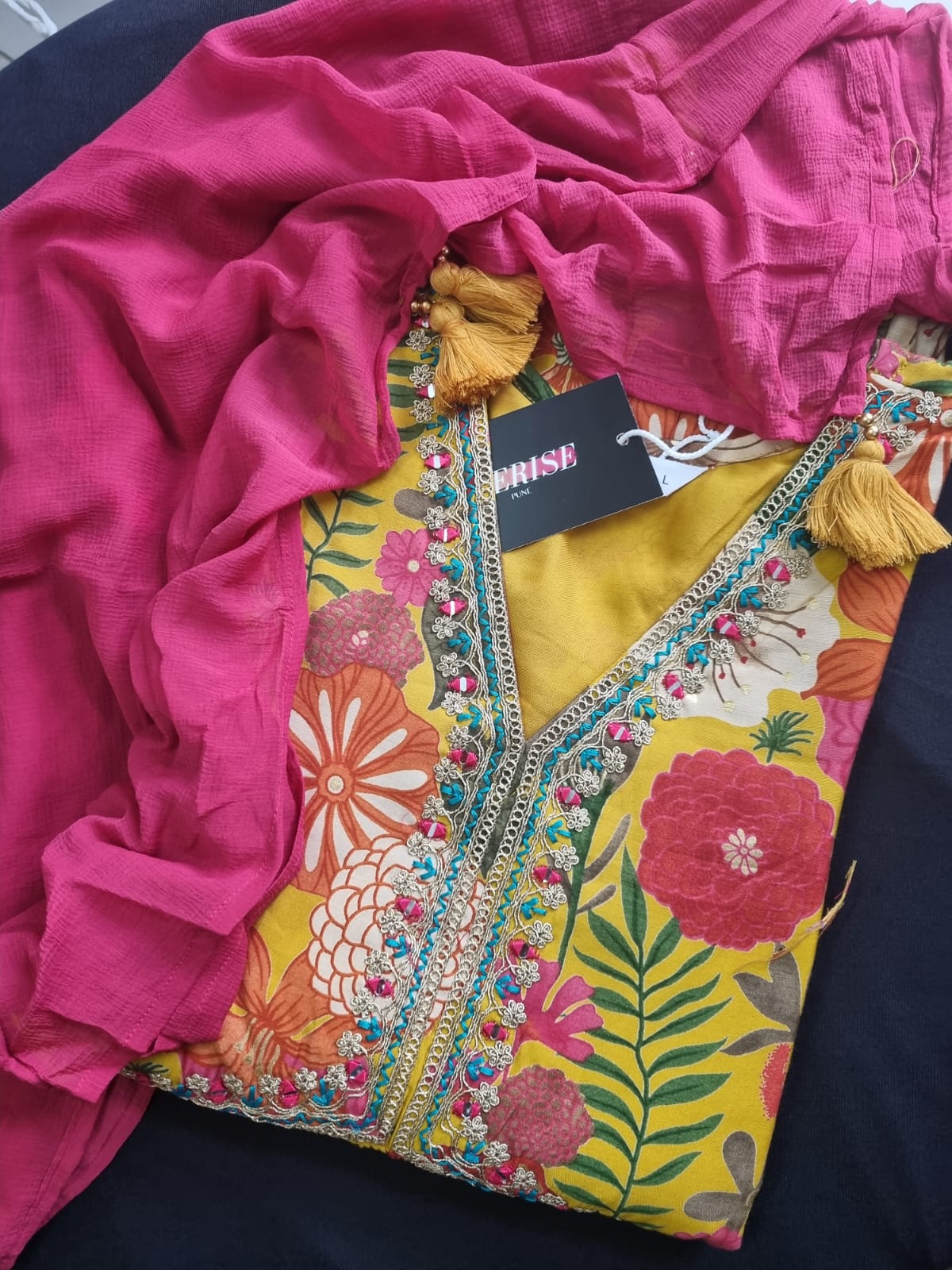 V-Neck Alia Cut Modal Silk, Embroidered Kurti Pant & Dupatta Set in Yellow color