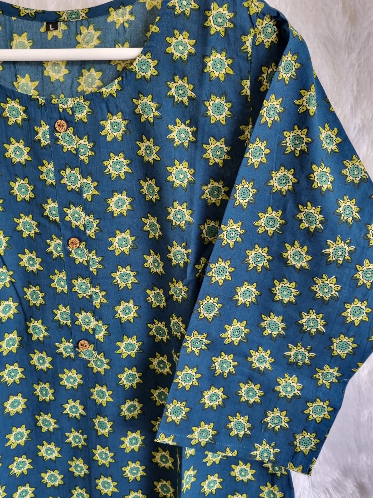 Green Cotton Kurti with Flower Print