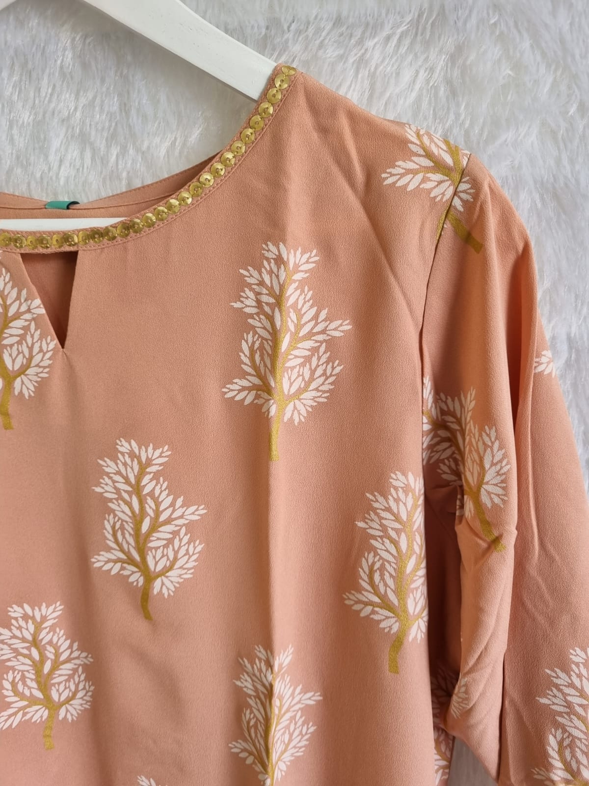Peach Straight Kurta with Hand Print and Gold Foil Accents