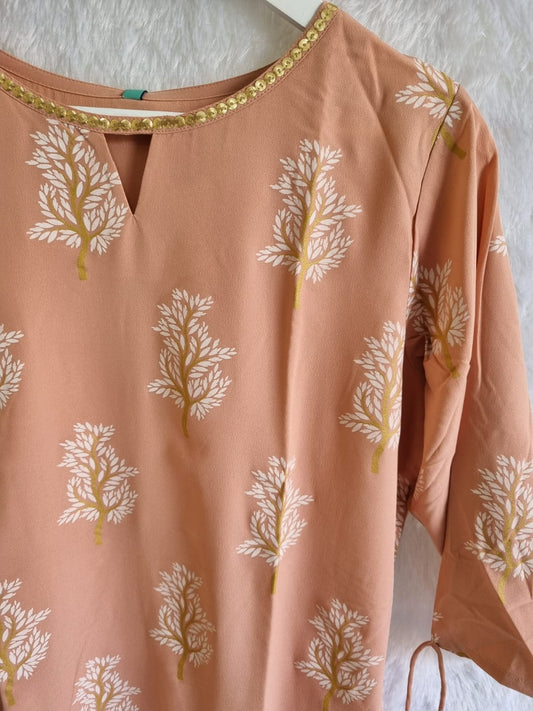 Peach Straight Kurta with Hand Print and Gold Foil Accents