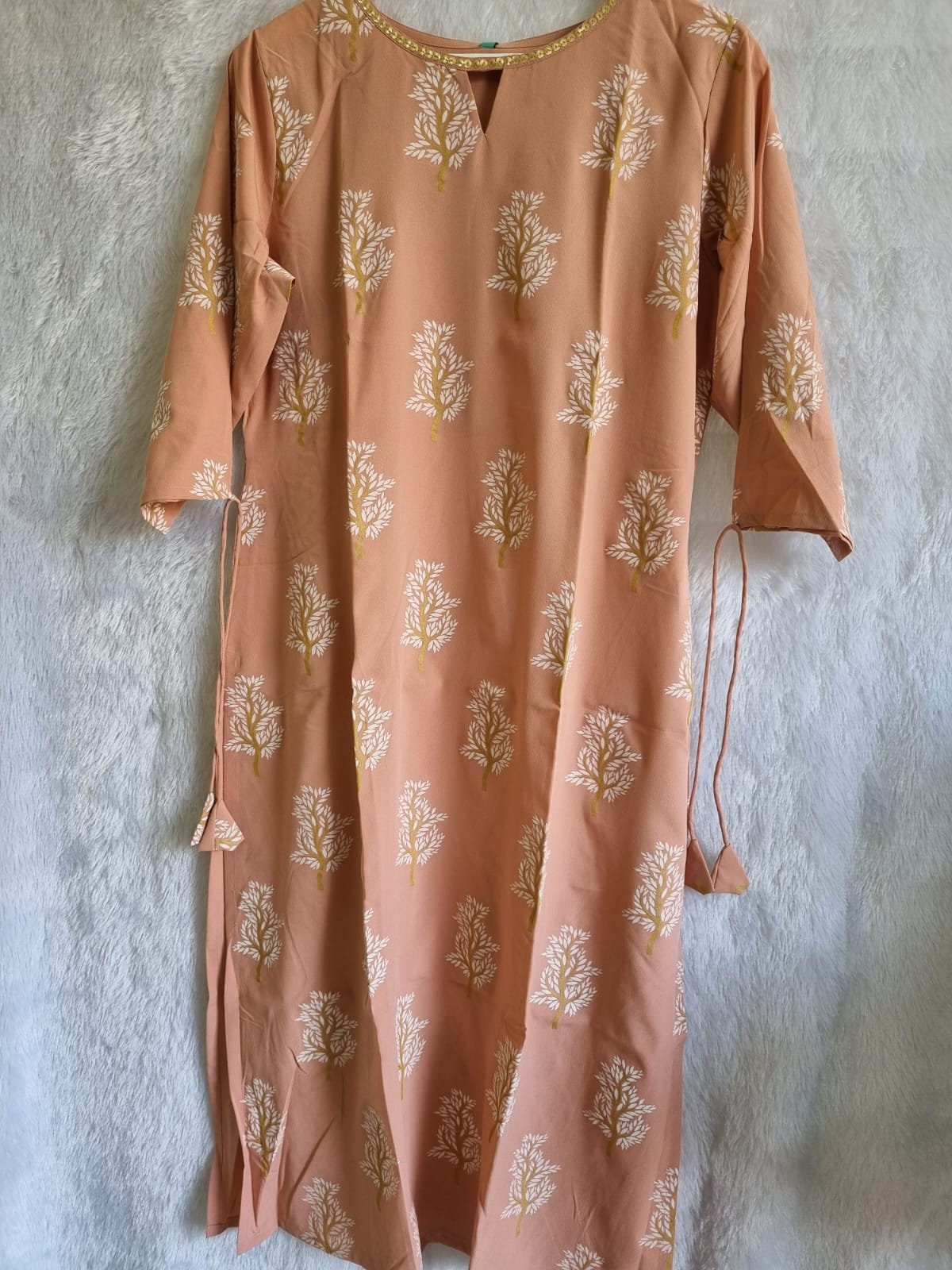 Peach Straight Kurta with Hand Print and Gold Foil Accents