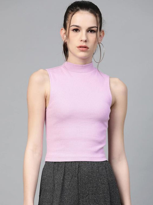 Lavender Fitted Highneck Cotton Crop Top