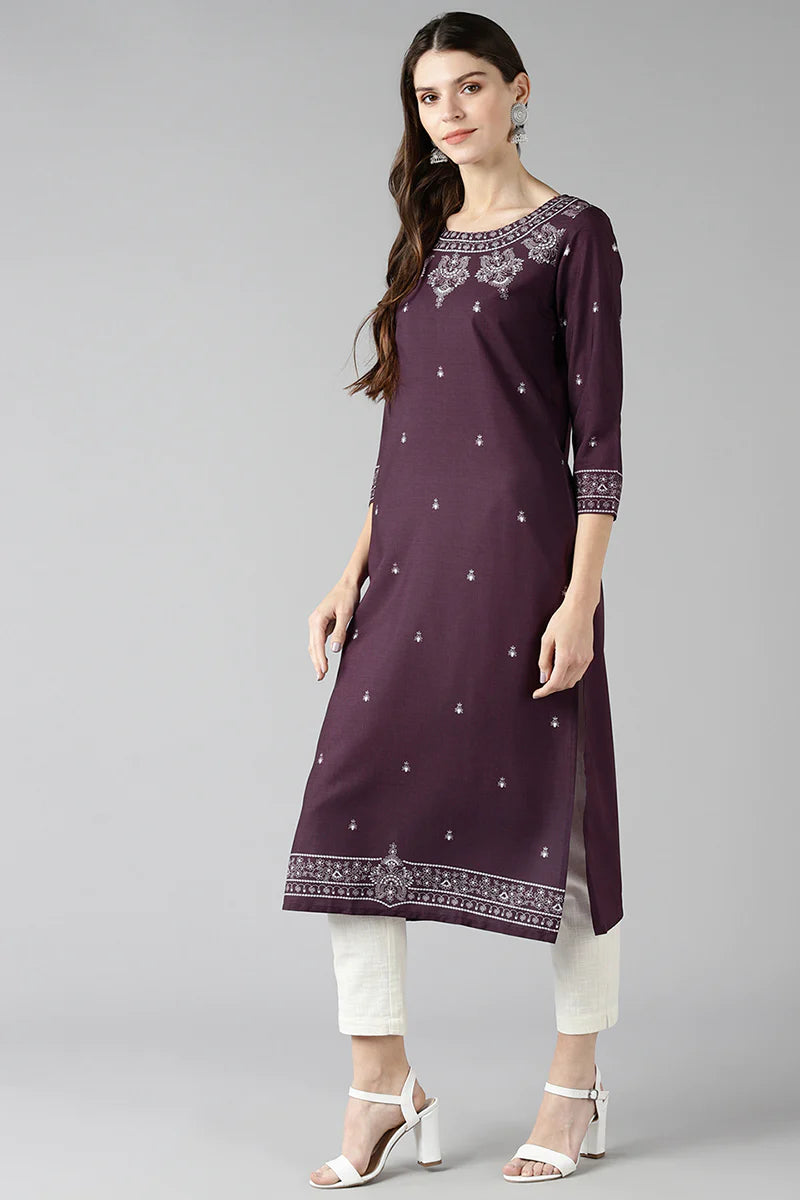 Beautiful Purple Poly Crepe Ethnic Motifs Straight Kurta