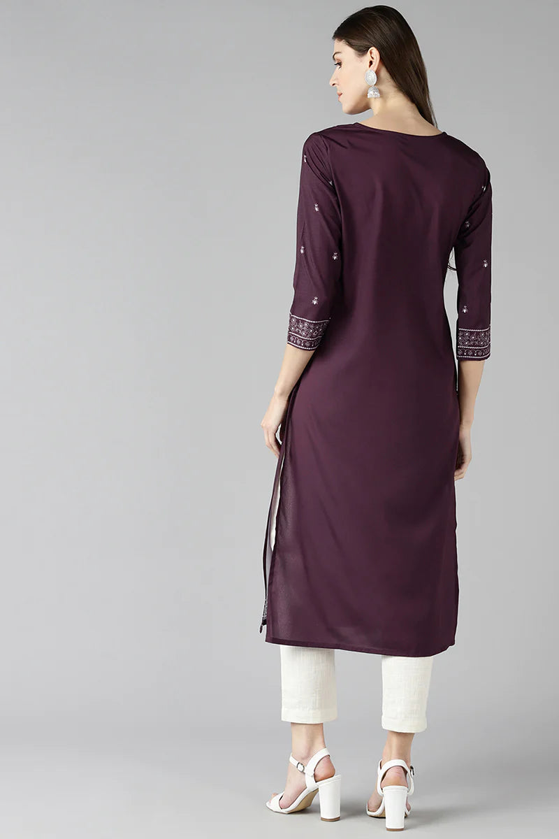 Beautiful Purple Poly Crepe Ethnic Motifs Straight Kurta