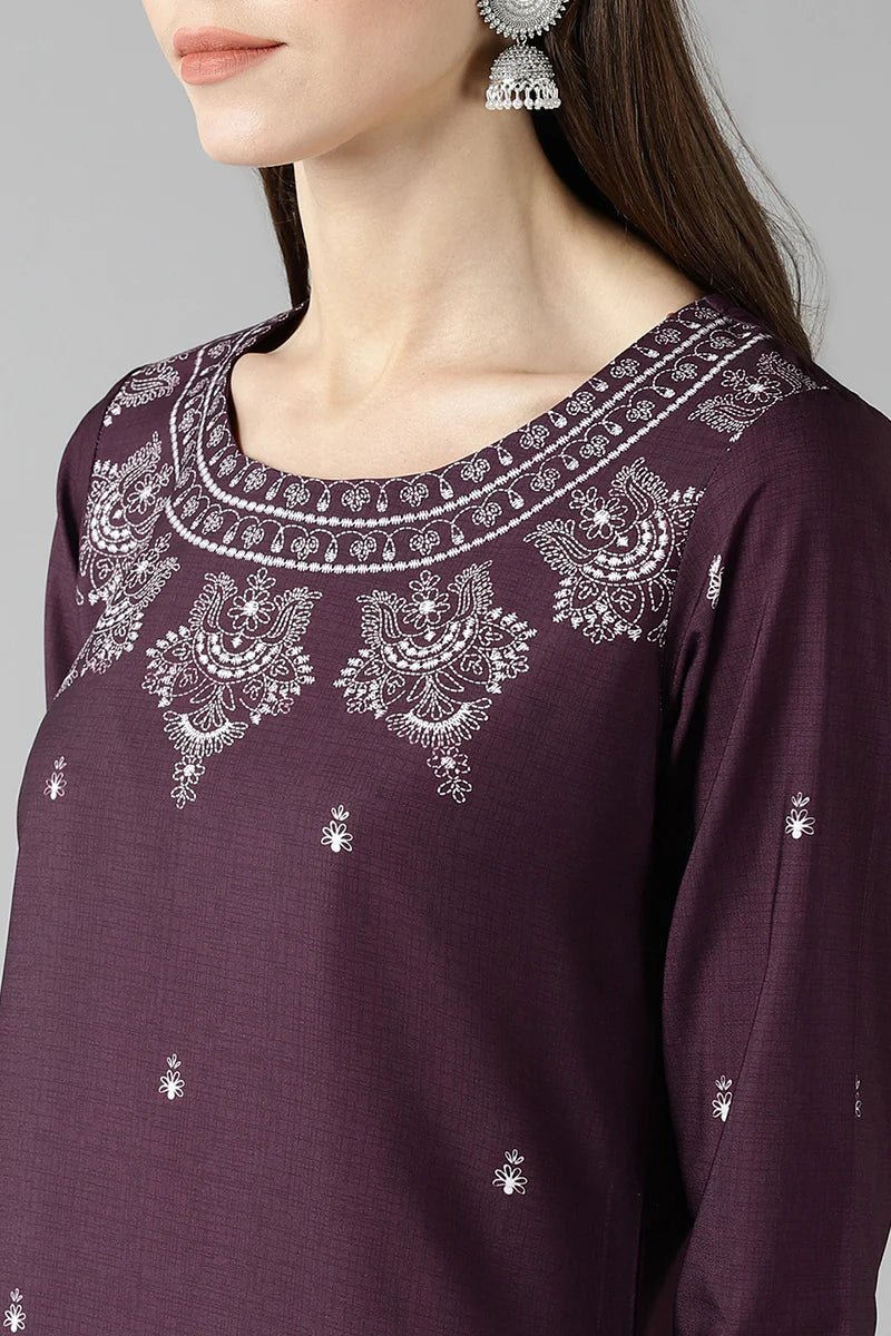 Beautiful Purple Poly Crepe Ethnic Motifs Straight Kurta