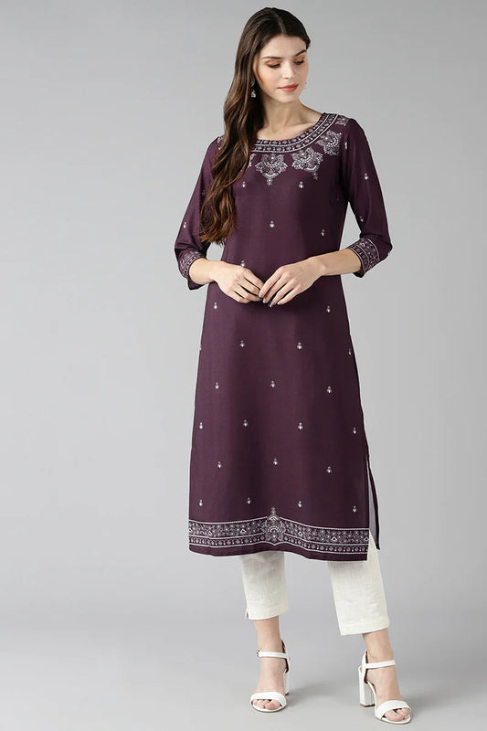 Beautiful Purple Poly Crepe Ethnic Motifs Straight Kurta