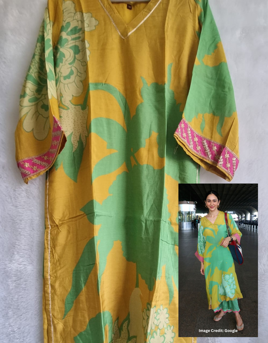 Pure Muslin Celebrity Rakul Preet Style Kurta Pant Set in Stunning Yellow and Green Hues